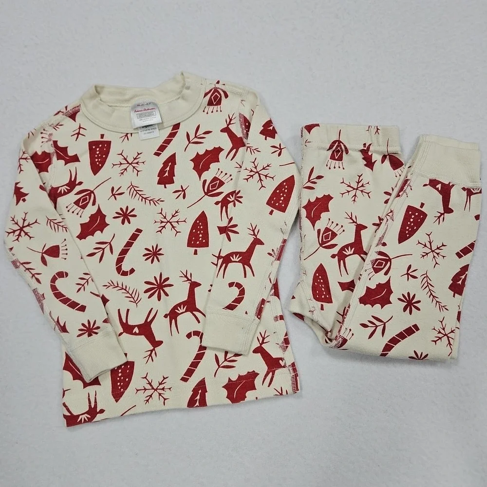 Hanna Andersson Pajamas‎ Size 90 US 3T White Red Reindeer Holiday Longsleeve